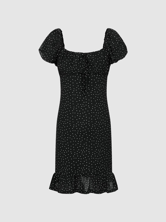 Polka Dotted Puff Sleeve Ruffle Hem A-Line Midi Dresses