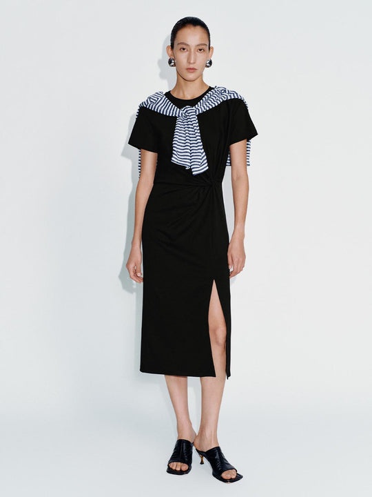 Short Sleeve Draped A-Line Midi Dresses