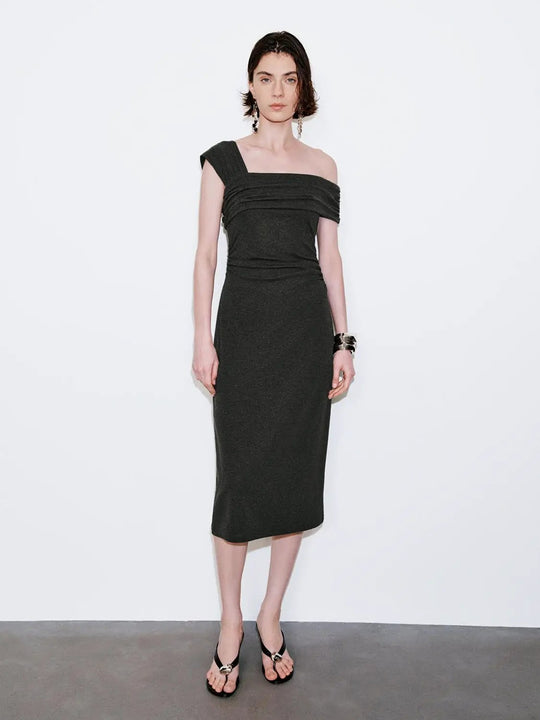 Cotton Blend One Shoulder Ruched Midi Dress