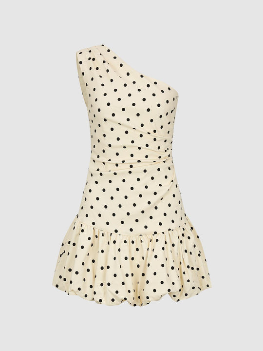 Polka Dotted One Shoulder A-Line Mini Dresses