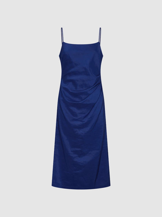 Linen Blend Strappy Ruched Straight Midi Dresses