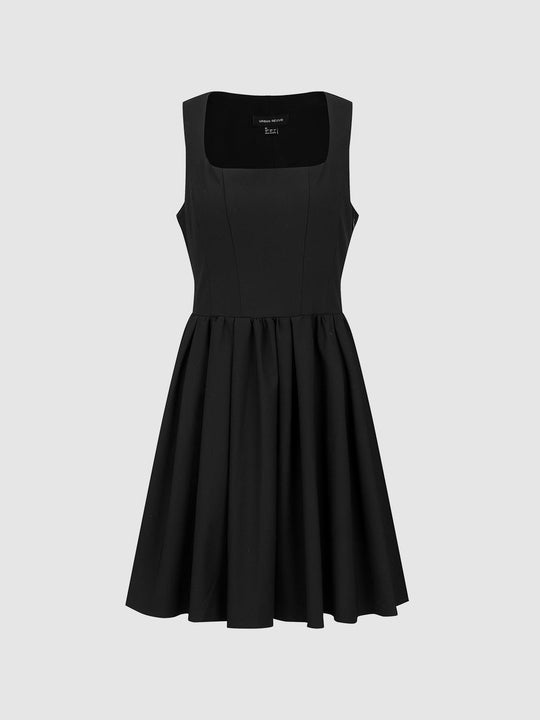Square Neck Sleeveless A-Line Pleated Midi Dresses