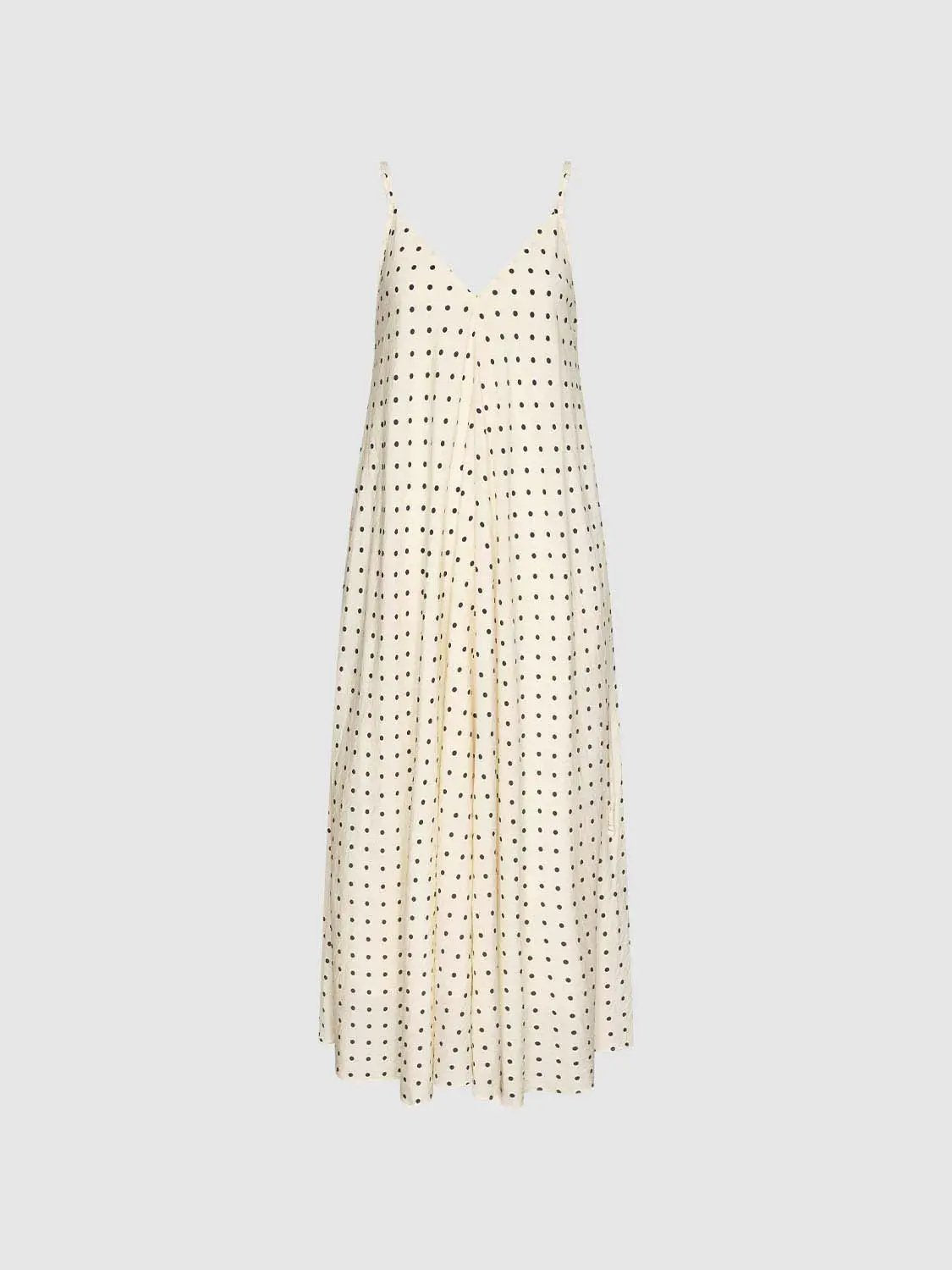 Polka Dot Strappy V-Neck A-Line Midi Dress in cream with black polka dots