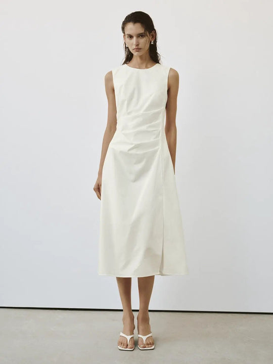 Crew Neck Ruched Sleeveless Skater Midi Dress For Modern Wardrobe