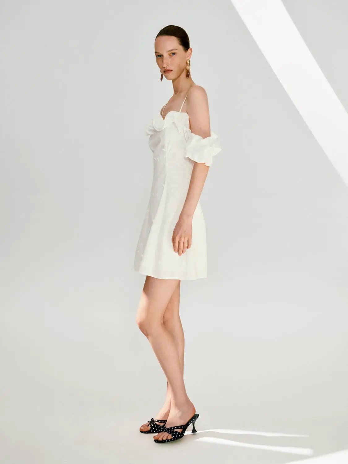 Cotton Lyocell A-Line Strappy Ruffle Trim Midi Dress, white with thin straps