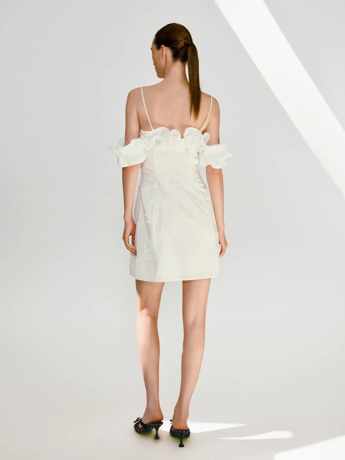 Cotton Lyocell A-Line Strappy Ruffle Trim Midi Dress, white, back view