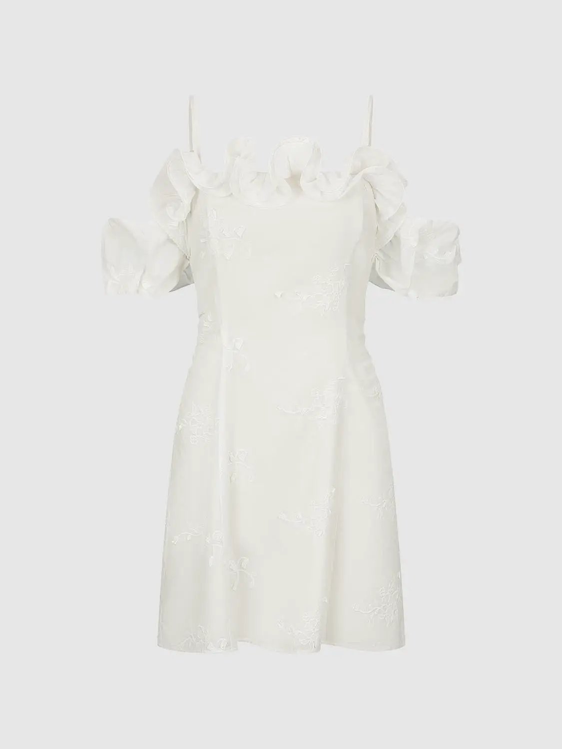 Cotton Lyocell A-line strappy midi dress in white with ruffle trim and floral embroidery by Urban Revivo Fashion