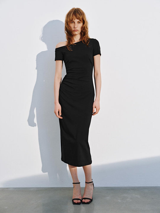 One Shoulder Short Sleeve Skinny-Fit Ruched Straight Midi Dresses