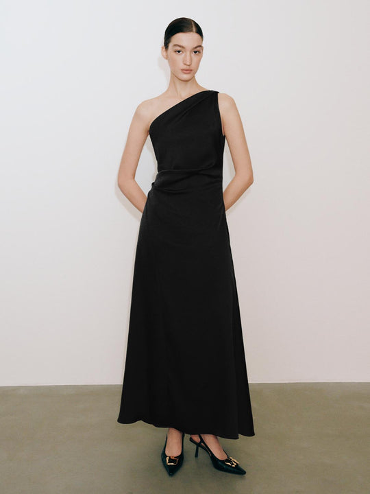 One Shoulder Draped Sleeveless A-Line Midi Dresses
