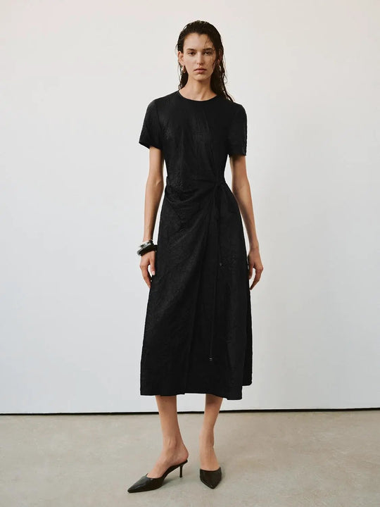Lace Up Waist Tie A Line Midi Dress Crinkle Texture Dress