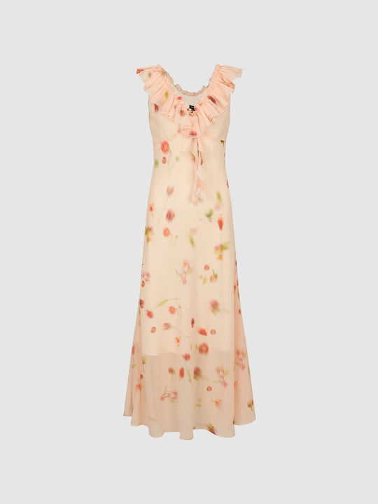 Ruffle Collar Printed Sleeveless Skinny-Fit Maxi Dresses