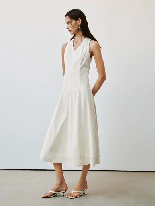 Viscose Blend V Neck Sleeveless Seamed A Line Midi Dresses