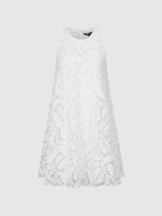 White Guipure Lace Overlay A Line Midi Dress