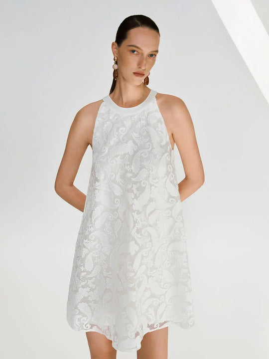 White Guipure Lace Overlay A Line Midi Dress