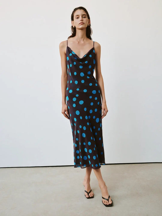 Silk Satin Polka Dot Strappy Cowl Neck Midi Dresses