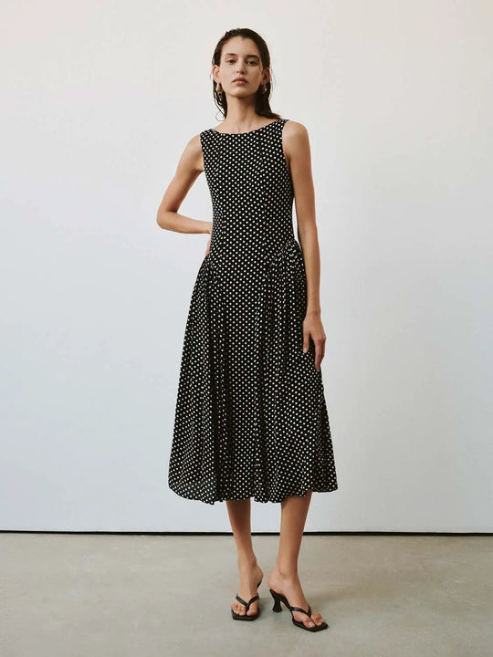 Polka Dot Boat Neck Sleeveless A Line Midi Dresses