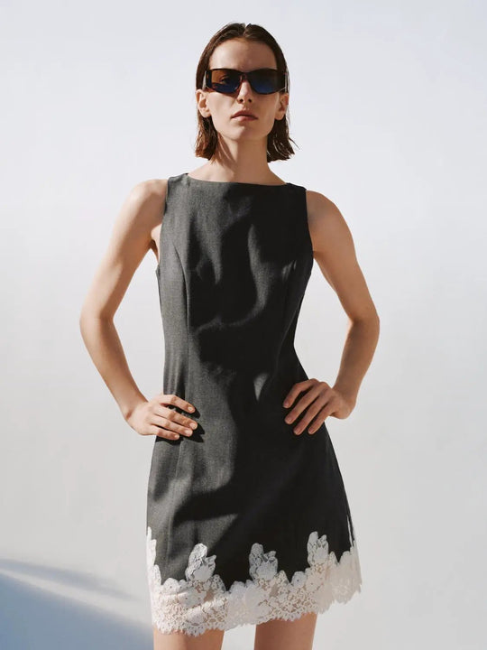 Lace Trim Sleeveless A Line Midi Dress With Subtle Stretch