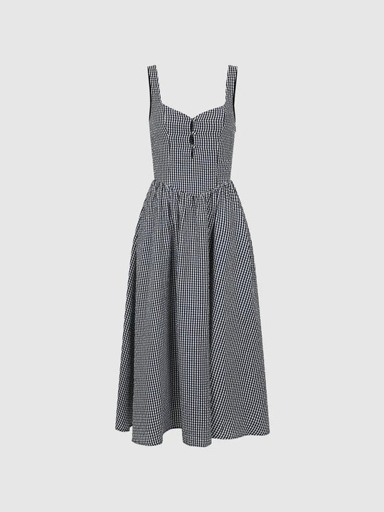 Contrast Check Strappy A Line Midi Dresses
