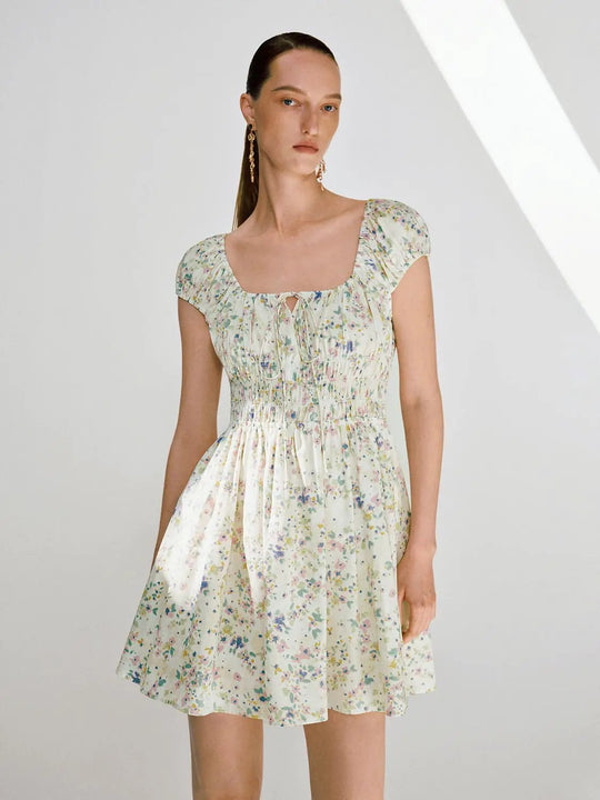 Cotton Shirred Waist Slight Stretch A-Line Mini Dresses