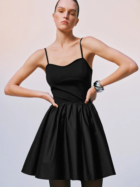 Viscose Knit Bodice With Spaghetti Straps Flared A-Line Midi Dresses