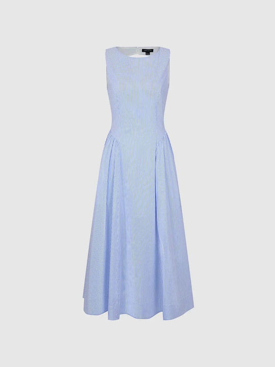 Cotton Blend Striped Sleeveless A-Line Midi Dresses