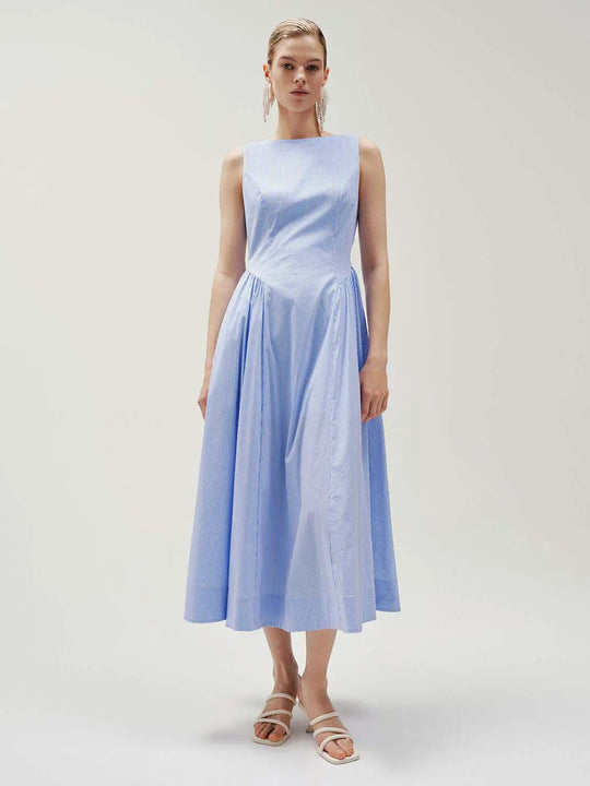Cotton Striped Sleeveless A-Line Midi Dress