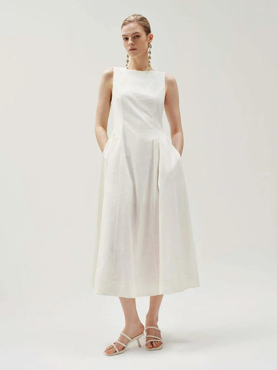 Crepe Open-Back Sleeveless A-Line Midi Dress