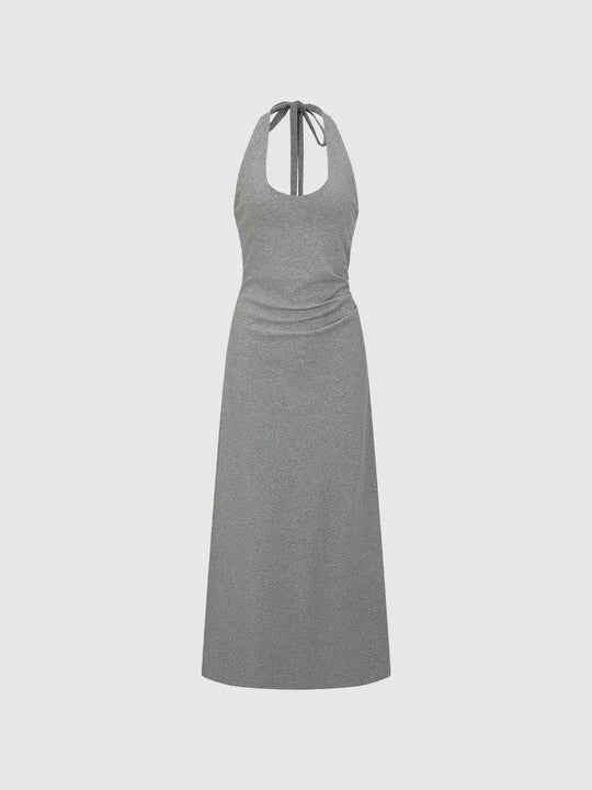 Halter Neck Metallic Ruched Open-Back A-Line Midi Dresses