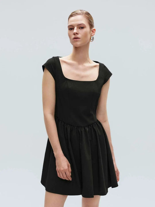 Flared Pleated Elastic Waist A-Line Midi Dress
