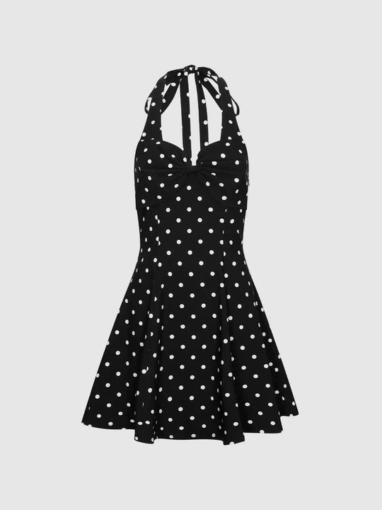 Polka Dot Halter Neck A-Line Midi Cotton Dress