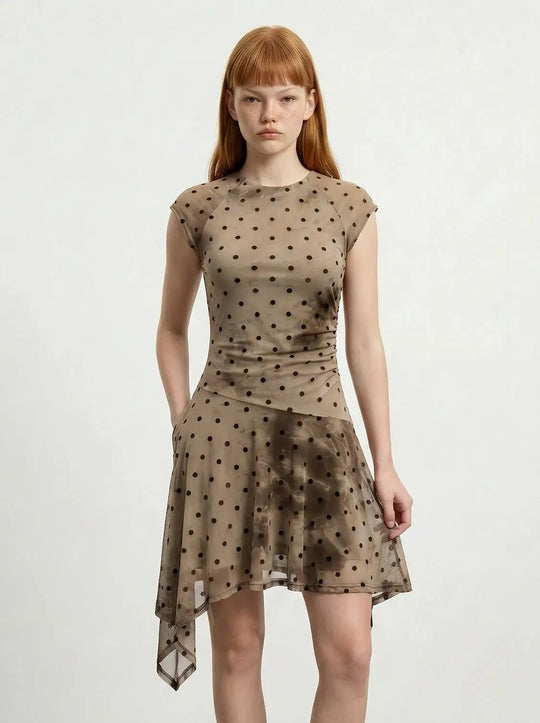 Elastane Polka Dot Sheer Overlay Asymmetric A-Line Mini Dresses