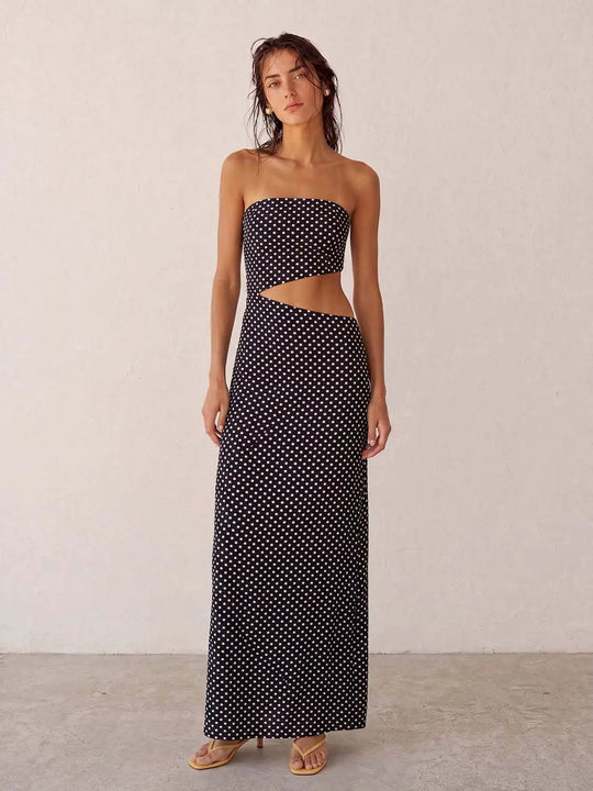 Polka Dot Strapless Cutout With Waist Seam Detailing And Floor Skimming Silhouette Maxi Dress