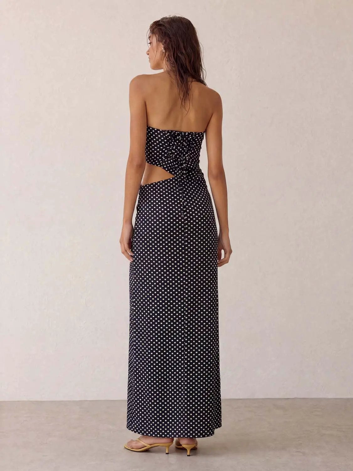 Skinny-fit dresses, black polka-dot maxi with back cutout