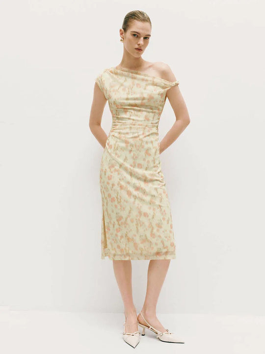 Slight Stretch Lined One Shoulder Straight Midi Dress