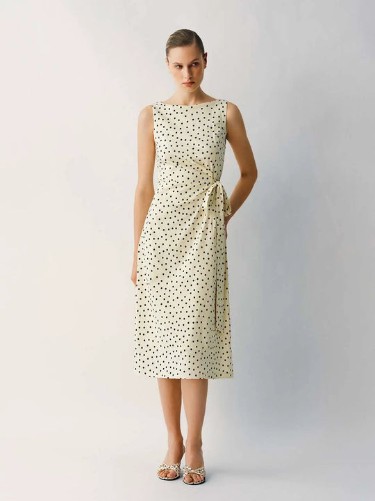 Wrap Tie Waist Polka Dot Straight Midi Dress