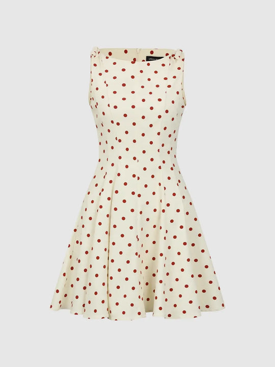 Polka Dot Printed Crew Neck Fitted Sleeveless A-Line Mini Dress