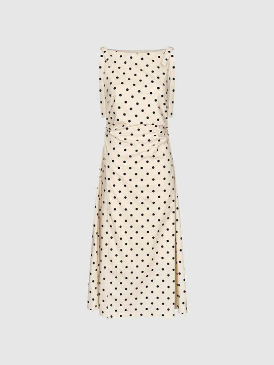 Polka Dot Ruched Waist Tie Maxi Dress