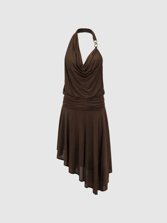 Draped Neckline Ruched Waist Layered Skirt Silhouette With Subtle Stretch Dress