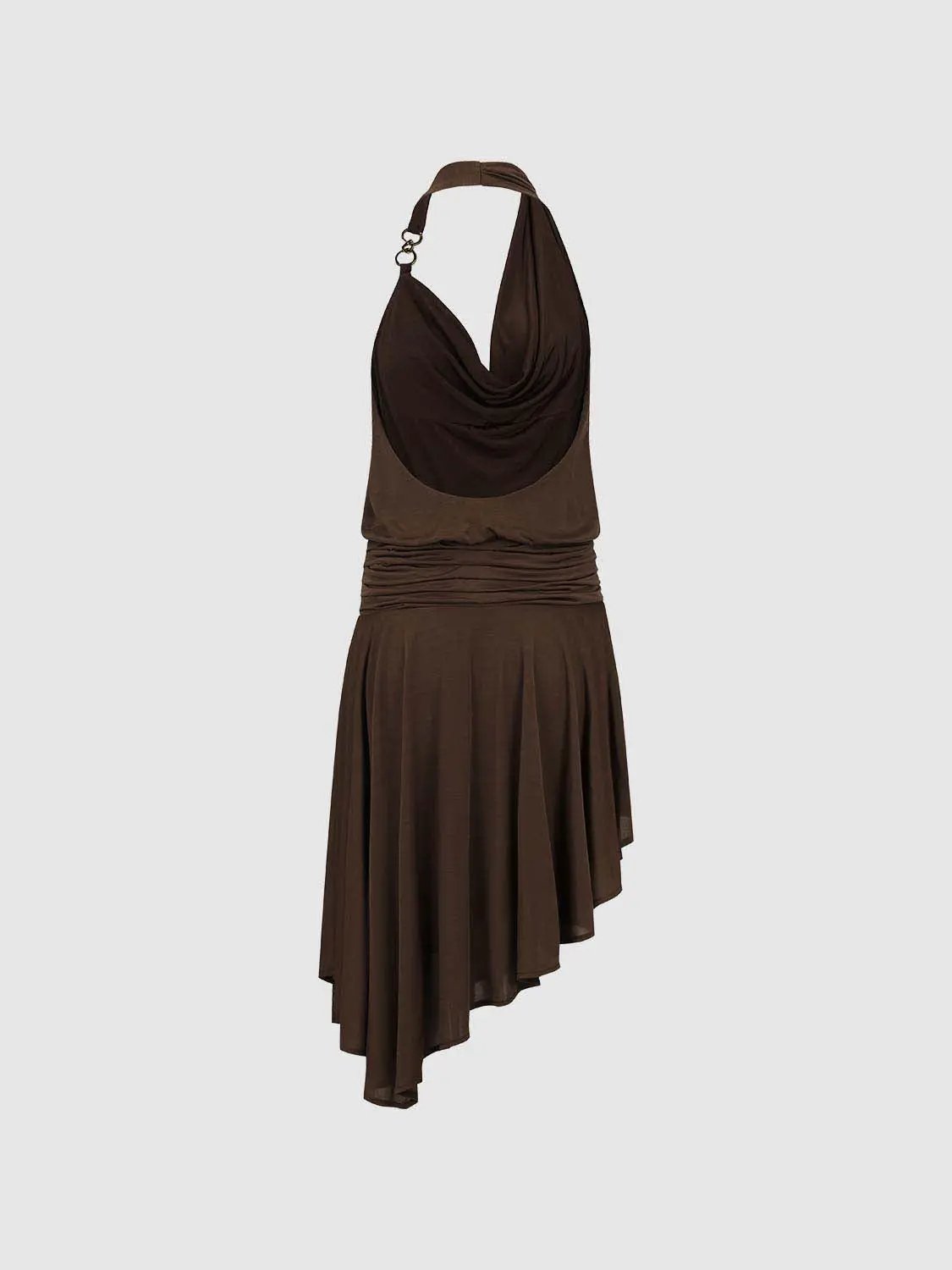 A-line brown dress with draped halter neckline, ruched waist, and asymmetric midi skirt.