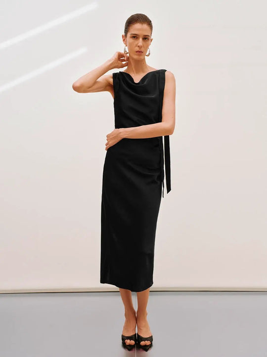 Cowl Neck Asymmetric Tie Dress