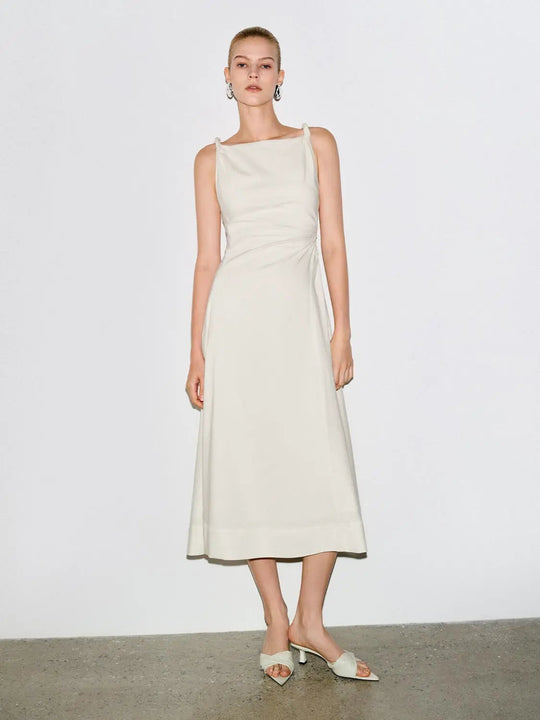 A-line Soft Draped Waist Pleated Midi Dress