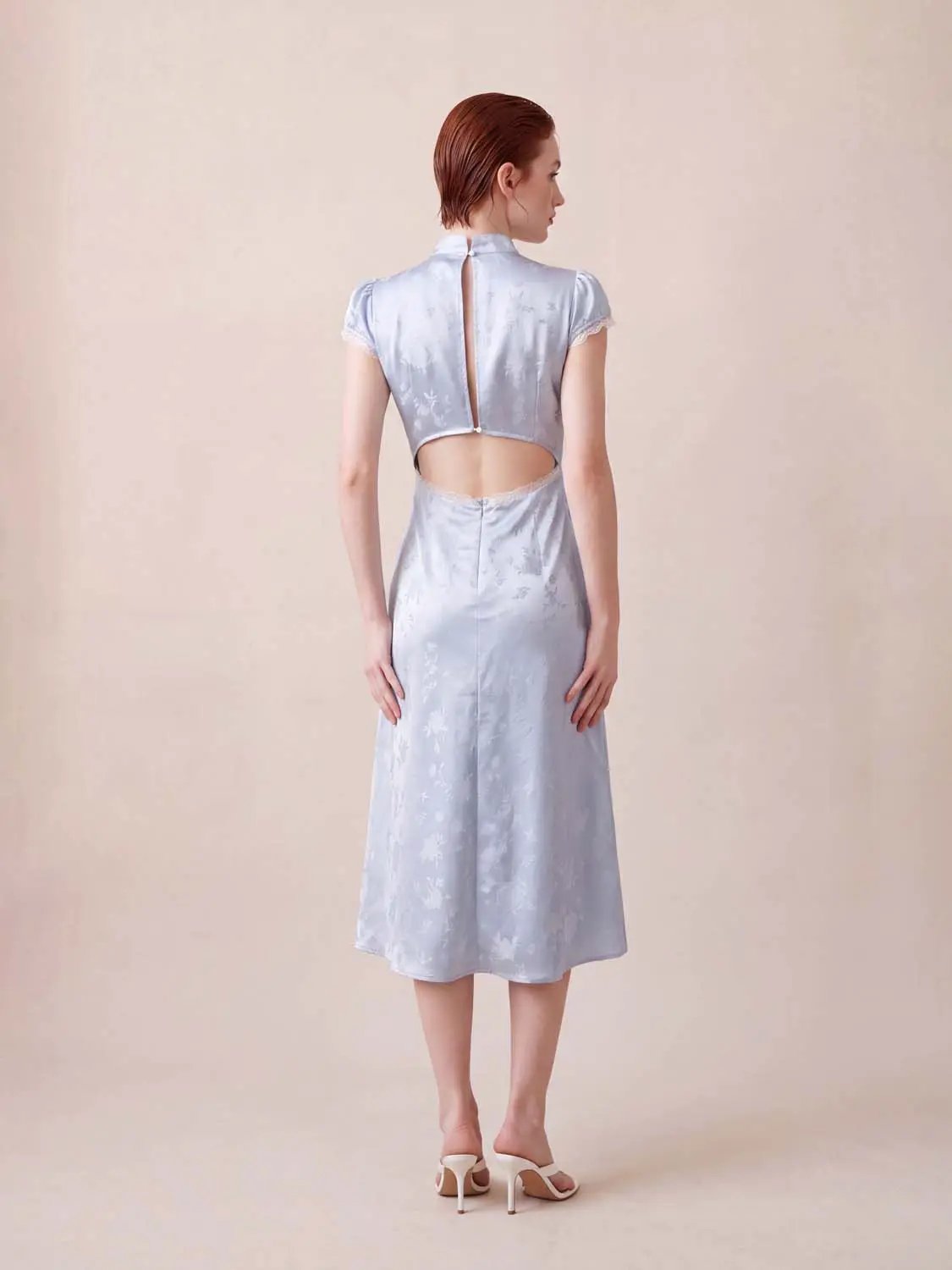 Floral lace-trim V-neck puff-sleeve A-line midi dress in pale blue satin with back cut-out