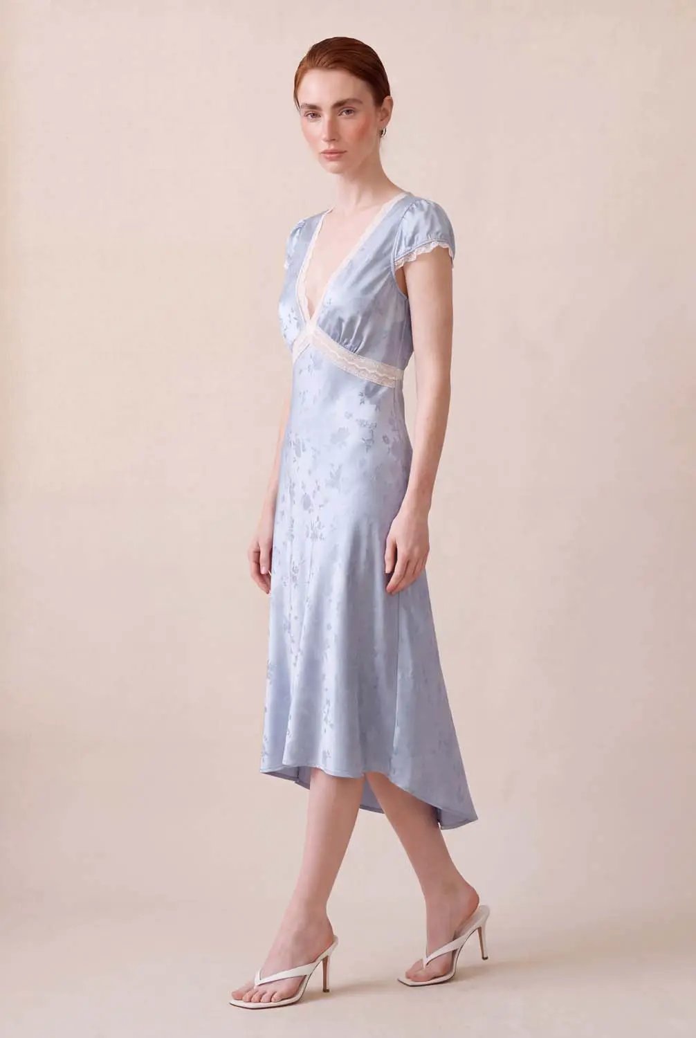 Floral Lace Trim V-neck Puff Sleeve A-line Midi Dress in pale blue with cream lace accents