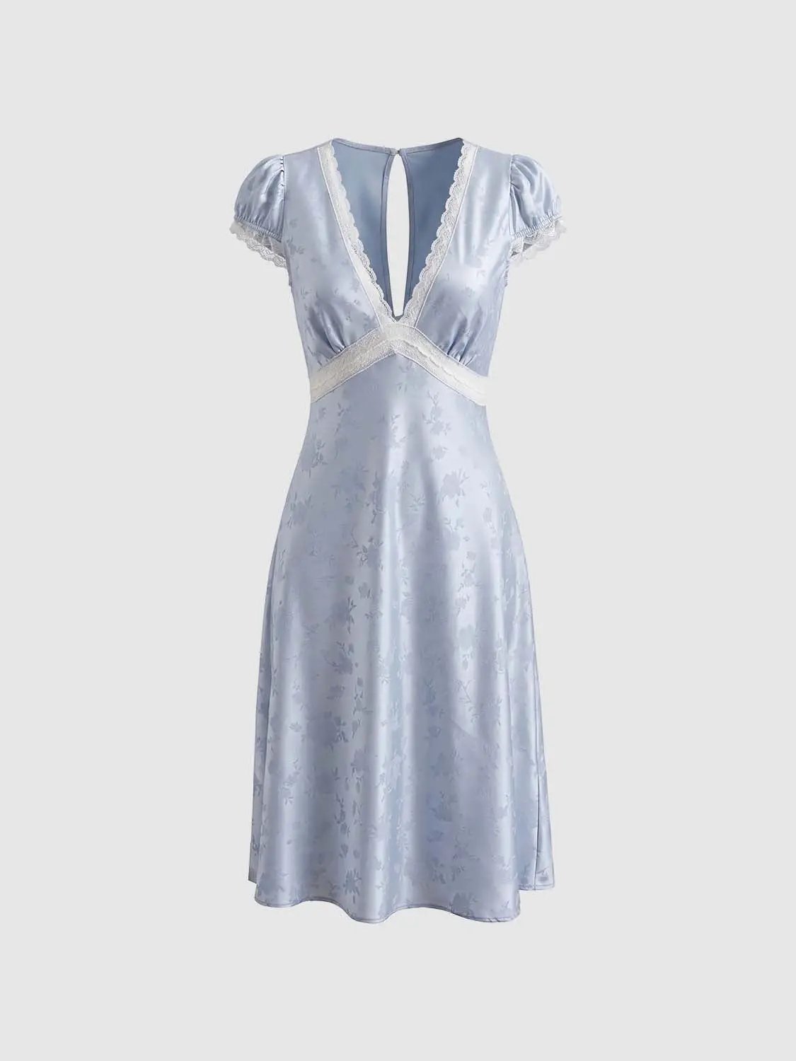 Floral Lace Trim V-neck Puff Sleeve A-line Midi Dress in light blue satin by Urban Revivo Fashion