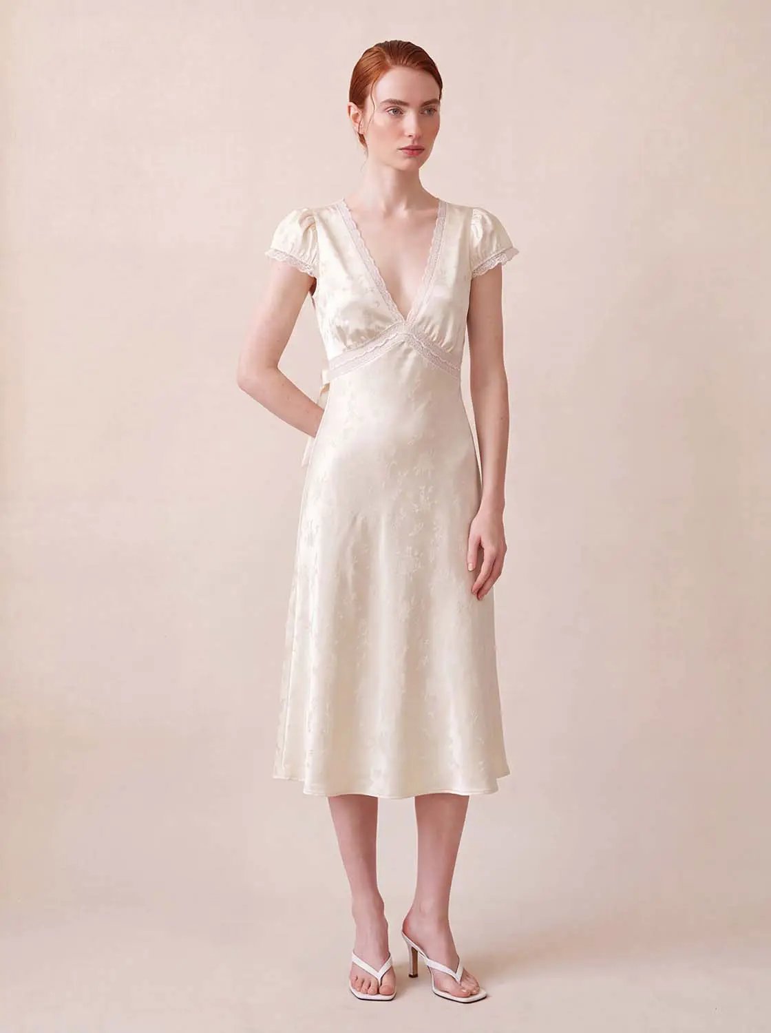Floral Lace Trim V-neck Puff Sleeve A-line Midi Dress in ivory satin.