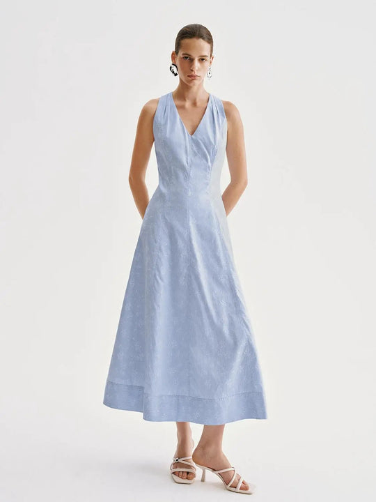 A-line Striped V-neck Full Length Cotton Dress