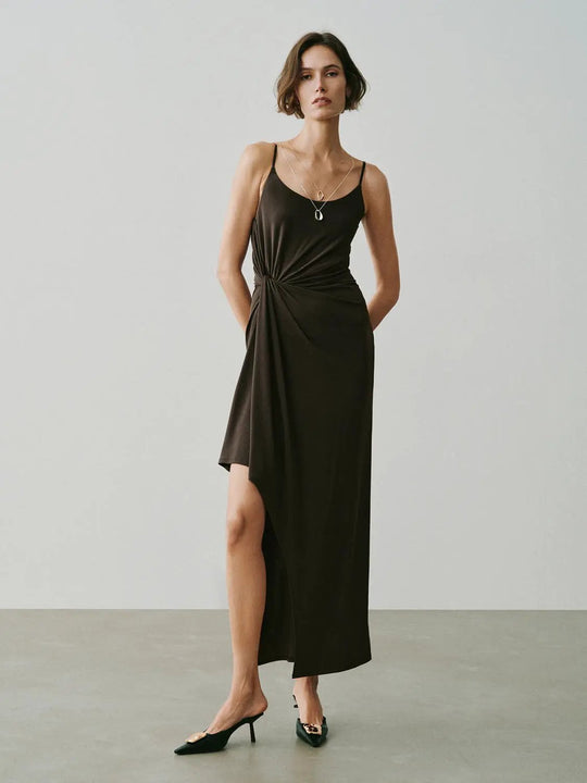 Twisted Waist Side Slit Sleeveless Slip Maxi Dress