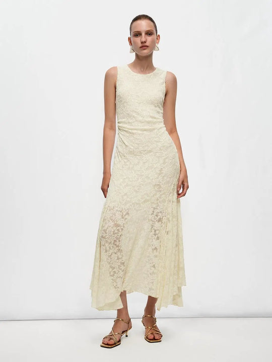 Cream Embroidered Lace Midi Dress