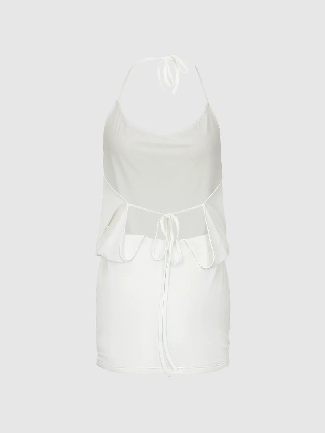H-Line Dress, white halter-neck with waist-tie and layered overlay