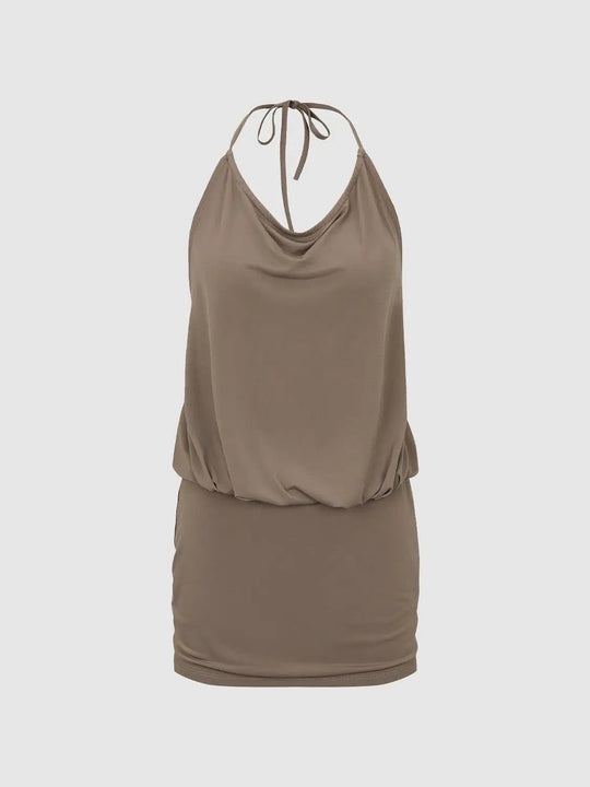 Cowl Neck Halter Tie Ruched Waist Mini Dress